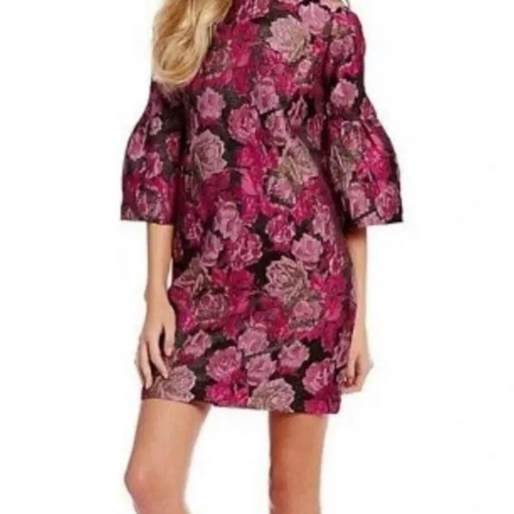 Badgley Mischka Pink and Red Sheath Dress with Bell Sleeves- Size 10 NWT